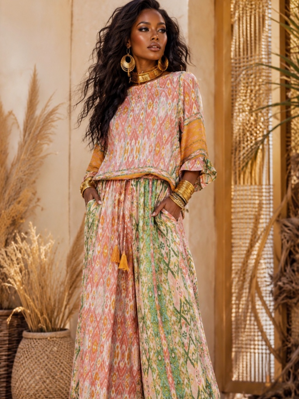 Easel Set CHALLIS PALAZZO PANTS Boho Wide-Leg Printed Pant & Tunic- Multicolor